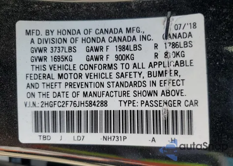 2018 Honda Civic Ex из США, поврежденный, VIN 2HGFC2F76JH584288